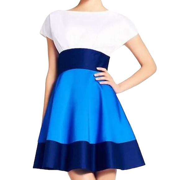 Kate Spade Fiorella Dress Color Block Fit & Flare Pleated Cotton White Blue 2 - Picture 1 of 10